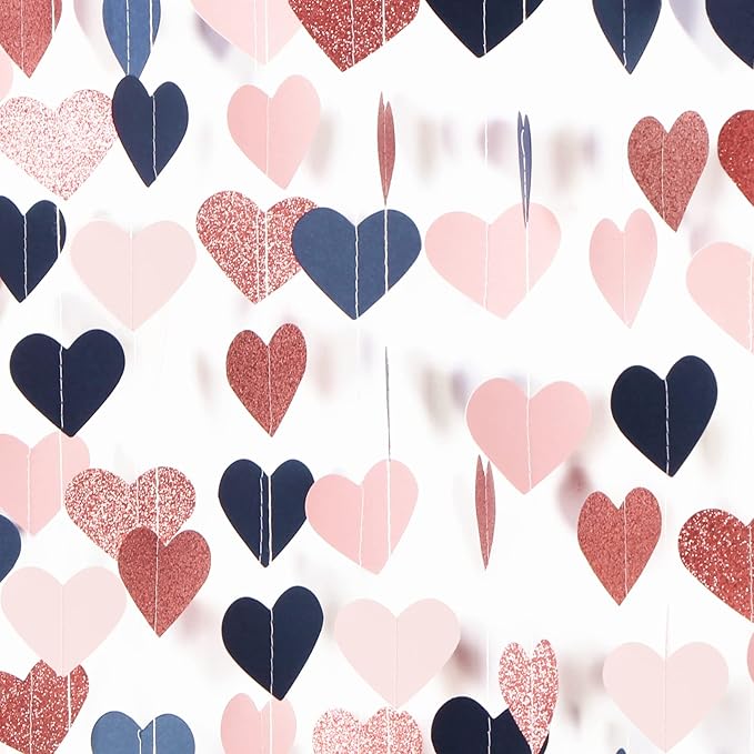 Navy-Blue Pink Rose-Gold Mothers-Day Garland - 52Ft Gender Reveal Party Decorations Streamers Banner,Valentines Bachelorette Bridal Shower Engagement Wedding Heart Hanging Bunting Lasting Surprise