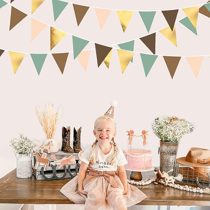 32Ft Sage Green Brown Party Decorations Gold Green Brown Triangle Flag Fabric Banner Pennant Bunting Garland Streamer for Jungle Safari Wild Woodland Dinosaur Birthday Wedding Baby Shower Party Decor