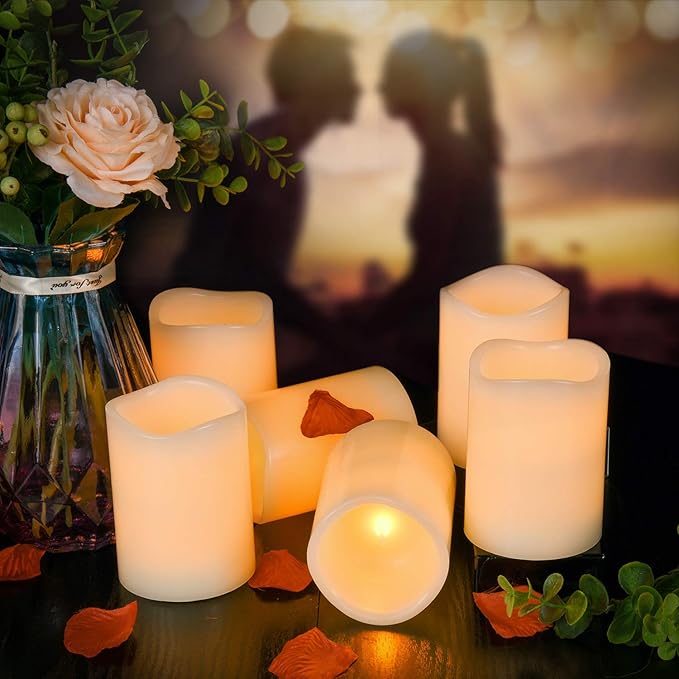 Flameless Candles Battery Operated Pillar Real Wax Flickering Electric LED Candle Gift Sets with Remote Control Cycling 24 Hours Timer, Pack of 6 (3" D x 4" H, Ivory)