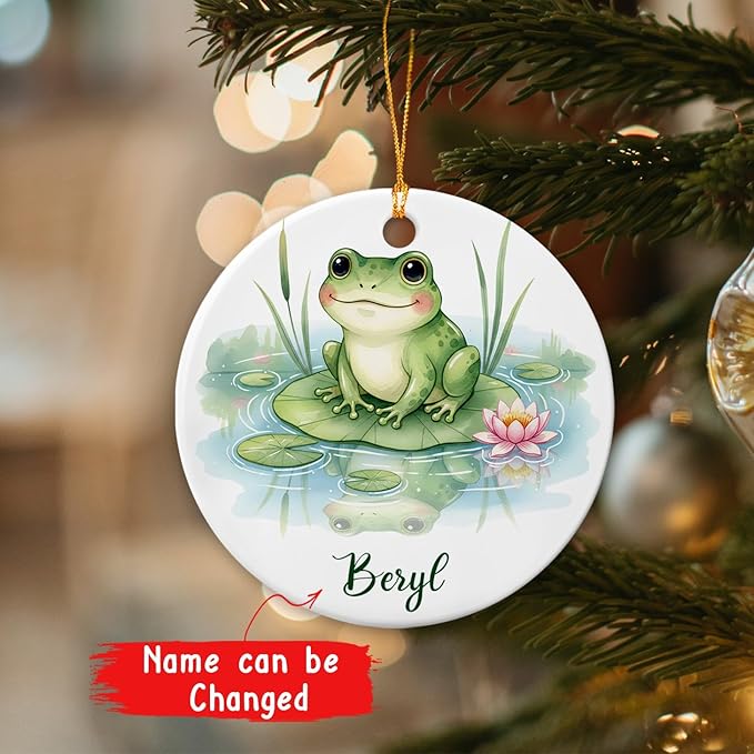 Funny Frog Christmas Holiday Ornament, Frog Ceramic Ornament with Personalized Name, Gift for Dad Mom Friends Coworkers Nature Lover, Frogs with Nature Keepsake Decor, Customized Animal Ornaments