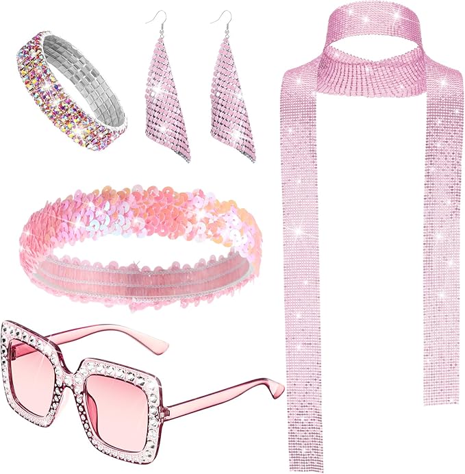 Sasylvia 5 Pcs 70s Disco Accessories Halloween Women Costume Jewelry Sequin Scarf Earrings Sunglasses Bracelet Headband