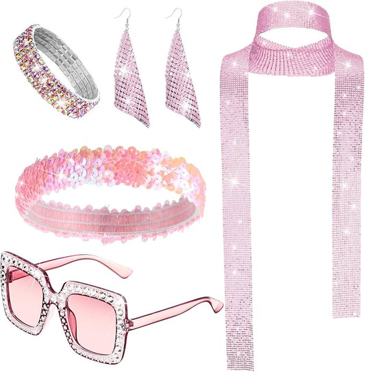 Sasylvia 5 Pcs 70s Disco Accessories Halloween Women Costume Jewelry Sequin Scarf Earrings Sunglasses Bracelet Headband