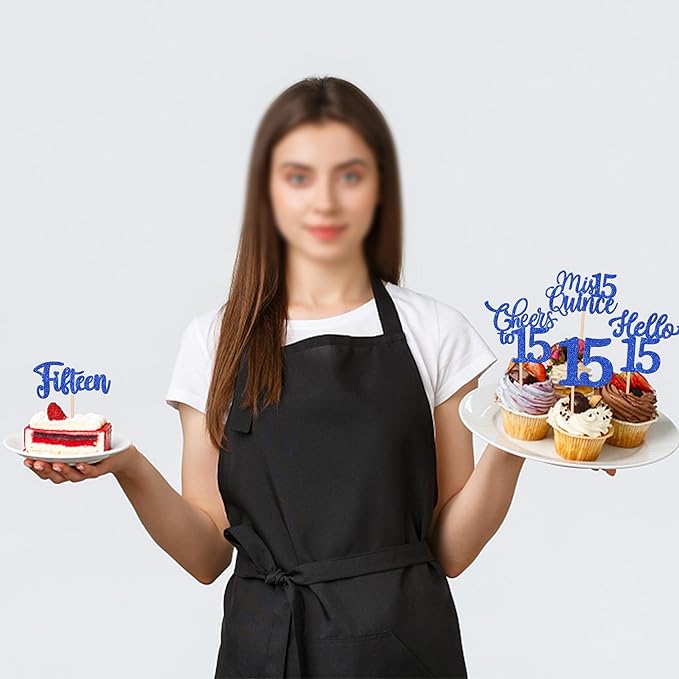 30PCS Happy 15th Birthday Cupcake Toppers Glitter Fifteen Mis Quince Hello 15 Cupcake Picks Cheers to 15 Birthday Decorations for 15th Birthday Anniversary Party Cake Decoration Supplies Blue