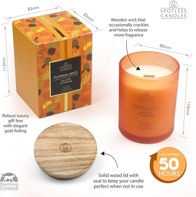Pumpkin Spice Candle - 275g/9.7 oz Pumpkin Candle in Orange Frosted Glass Jar with Wooden Lid and Wooden Crackling Wick in Luxurious Gift Box - Cosy, Warm and Comforting