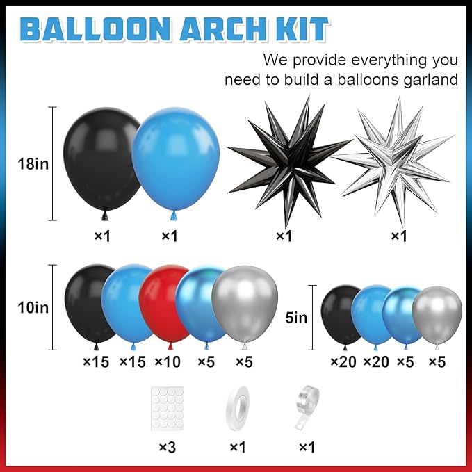 Blue Red Black Balloon Arch,Balloon Garland with Star Foil Balloons Metallic Sliver Balloons for Boys Baby Shower Birthday Party Decorations