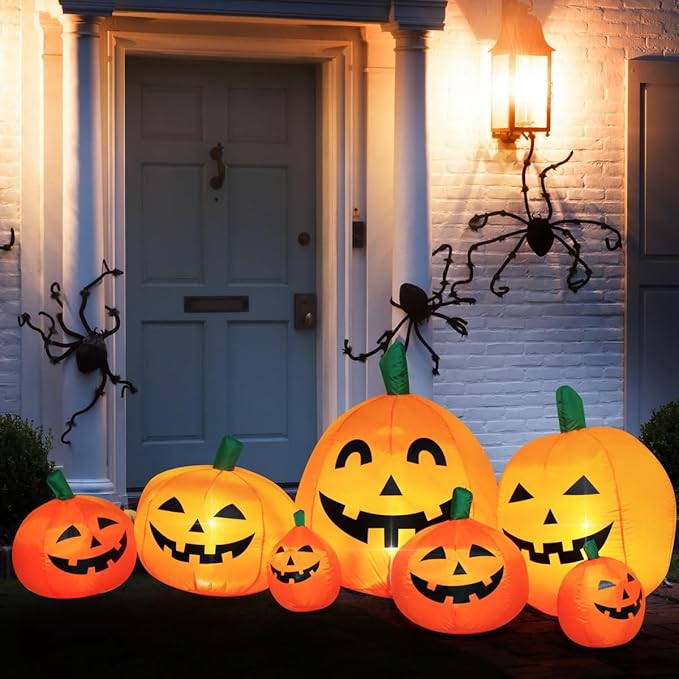 Halloween Inflatable Pumpkin Outdoor Decoration,JackoLanterns with Build-in LED Lights, Blow Up 7 Pcs Pumpkins Patch for Halloween Party Indoor Garden Lawn Yard Decor (7.5 FT 7 Pumpkins)