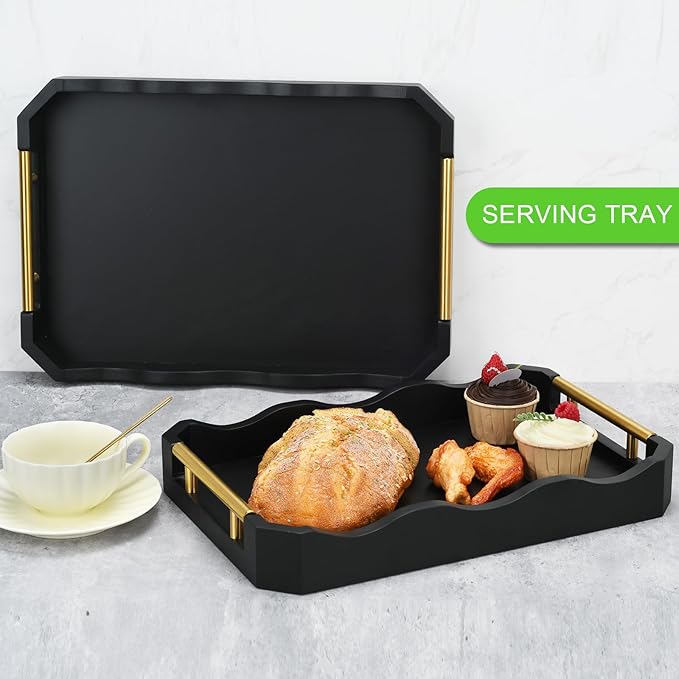 2 Pack Bamboo Trays with Handles - Decorative Stackable Ottoman & Serving Trays for Coffee Table, Breakfast in Bed, Couch Snacking, Home Decor (Black)