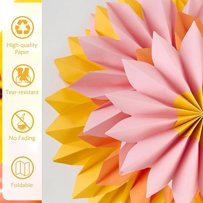 Homarkable 9 PCS Paper Flowers Decorations, Yellow, Pink and Orange Birthday Decorations, Sunflower Folding Paper Fans, Classroom Decoration Floral Backdrop Decor