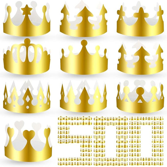 Crtiin 500 Pcs Gold Paper Crowns Birthday Party Bulk for Adults Classroom Students Hat Supplies Favors (Various Style)