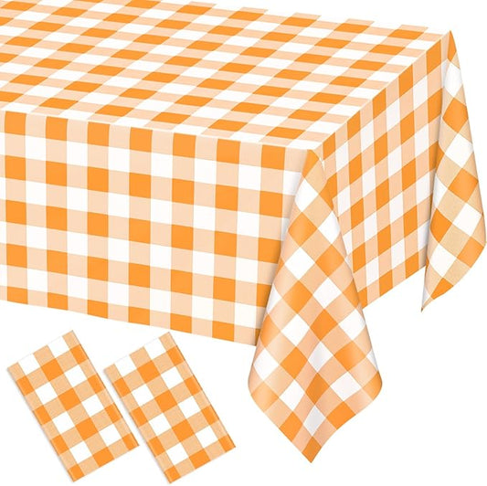 WNINK 2 Pack Orange and White Checkered Rectangular Plastic Tablecloths, Orange Gingham Waterproof Disposable Table Covers 54" x 108" for Birthday, Wedding, Outdoor Picnic Camping Parties