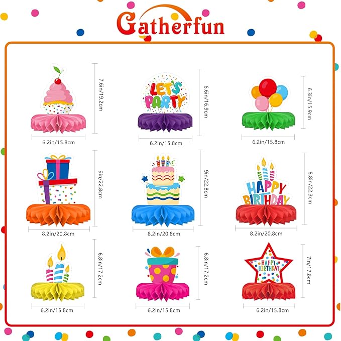Happy Birthday Decorations Set - Colorful Themed Honeycomb Centerpiece, Table Decoration for Kids' Birthday Party Supplies