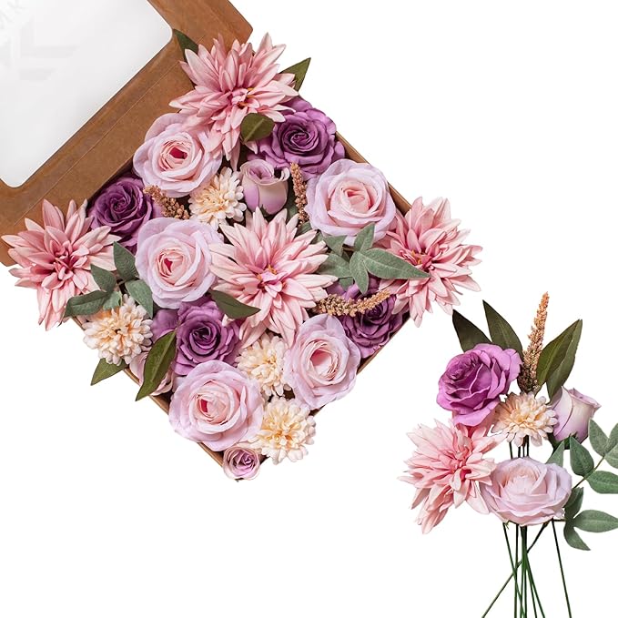 FANKO Rose Artificial Flowers Combo for DIY, Fake Purple Rose Silk Flowers Greenery, Faux Flowers for Wedding Bridal Bouquet, Baby Shower, Table Centerpieces, Floral Arrangement, Party Home Decoration