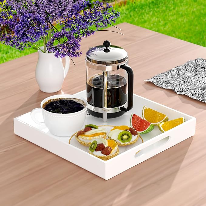 NIUBEE Acrylic Serving Tray 12x12 Inches -Spill Proof- White Decorative Tray Organiser for Ottoman Coffee Table Countertop with Handles