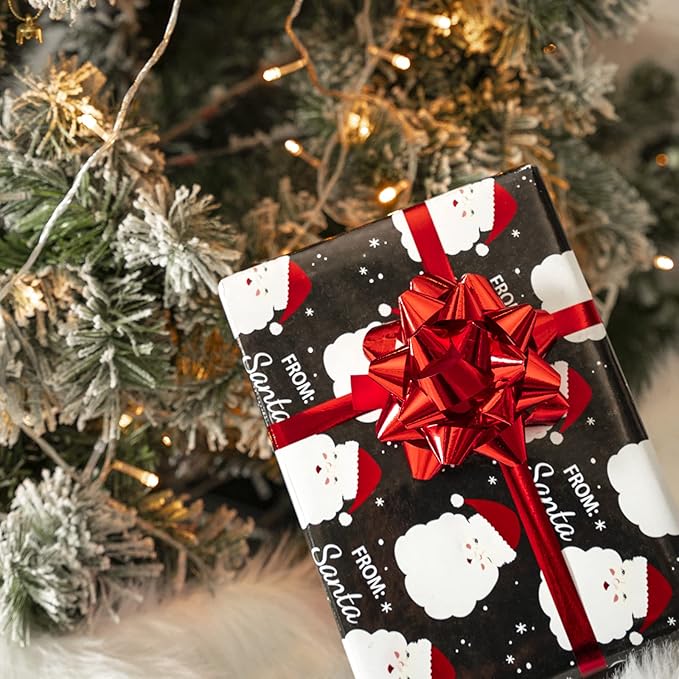 WRAPAHOLIC 30 Inch Christmas Wrapping Paper Roll - Jumbo Roll Black and Red Retro HO HO HO Santa, Silver Snowflake Holiday Collection with Metallic Foil Shine - 4 Rolls - 30 Inch x 120 Inch Per Roll