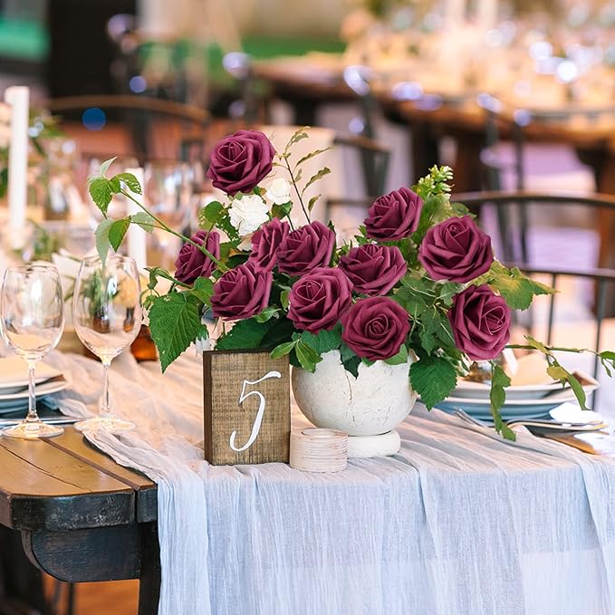 JOYLEX Artificial Flowers Realistic Roses, 50pcs Real Looking Fake Roses with Stem for DIY Wedding Bouquets Centerpieces Bridal Shower Party Home Romantic Decorations (Wine Red)