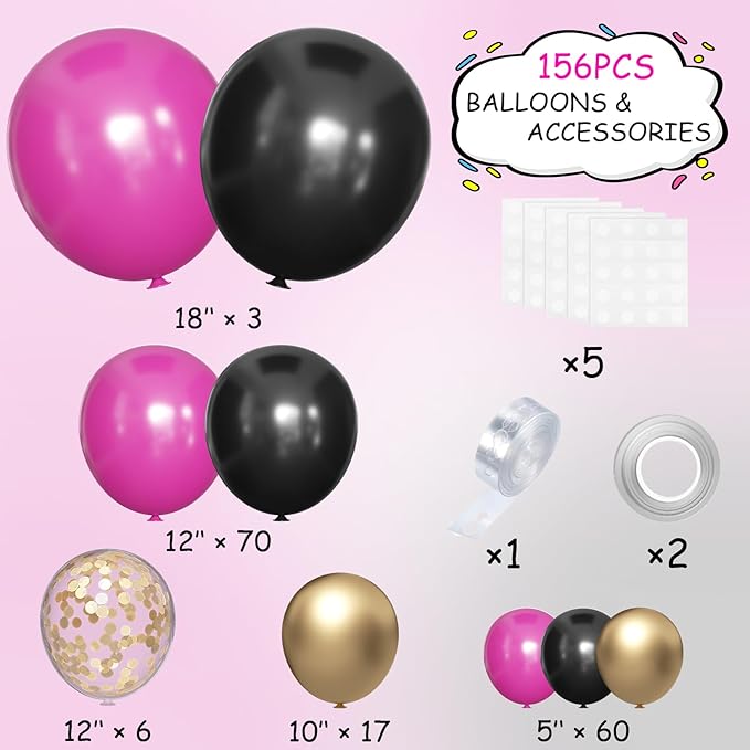 Red Black Gold Balloon Garland Arch Kit, 156 Hot Pink Black Gold Metallic Balloons for Birthday, Wedding, Anniversary, Festival, Bachelorette, Gender Reveal