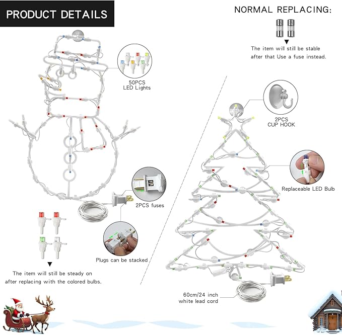 Christmas Window Silhouette LED Lights Decorations, Pack of 2 Sign Lighted Snow Man and Christmas Tree for Holiday Indoor Wall Door Glass Decor