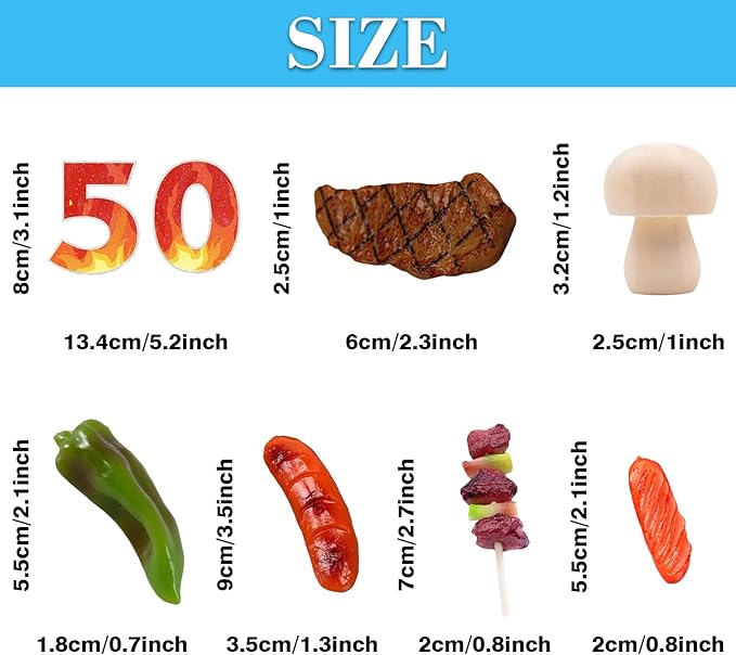 9 PCS BBQ Cake Topper Happy 50 Birthday Barbecue Decorations with Artificial Kebab and Hot Dog for Boys Girls Birthday Party Picnic Camping BBQ Theme Party Supplies