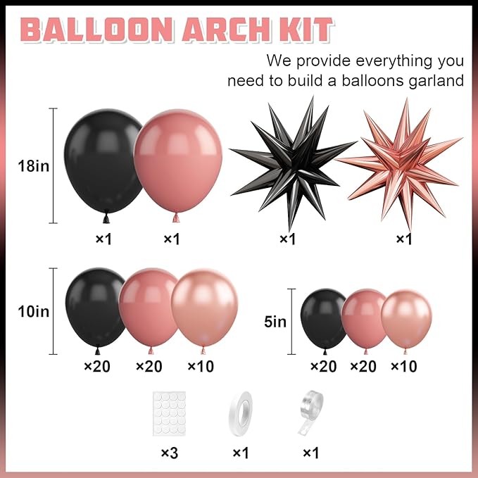 Dusty Pink and Black Balloon Arch,Balloon Garland with Star Foil Rose Gold Balloons for Birthday Wedding Bachelorette Party Decorations