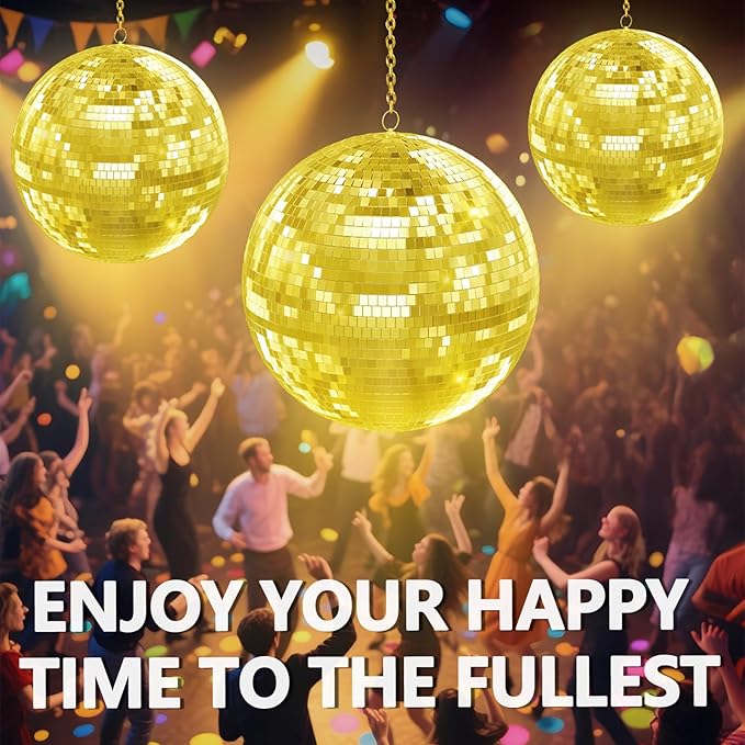 12 inch Gold Disco Ball, Hanging Mirror Disco Ball, Wedding Decoration Disco Light Ball, Stage Lighting Effect, 12/16/20 inch Home、Stage and Bar Glittering Decoration(12inch-Golden)