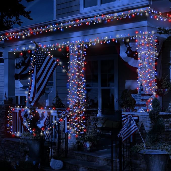 Red White and Blue String Lights, 4th of July Independence Day Lights Decoration, 300 LED 98ft, Waterproof with 8 Modes Plug in, Timer, Expandable, Memorial Day Patriotic Party Decor, Outdoor, Indoor