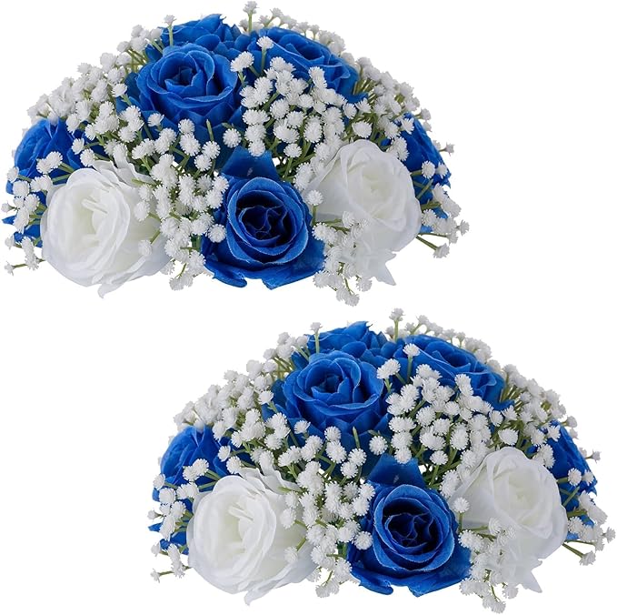 BLOSMON Fake Flowers Ball Wedding Centerpieces 2 Pcs Royal Blue Rose Babys Breath Artificial Flower Center Pieces Decoration for Table Faux Silk Floral Bouquet Arrangements for Home Party DIY Decor