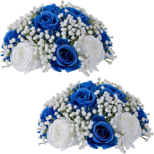 BLOSMON Fake Flowers Ball Wedding Centerpieces 2 Pcs Royal Blue Rose Babys Breath Artificial Flower Center Pieces Decoration for Table Faux Silk Floral Bouquet Arrangements for Home Party DIY Decor