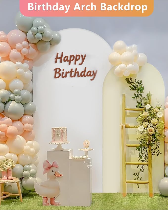 Hemmotop Double Color Wedding Arch Backdrop Cover, Set of 2 (7.2ft, 6ft), 2 Sided Stretchy Spandex Fitted Balloon Arch Stand Backdrop for Birthday Party, Baby Shower, White and Light Beige
