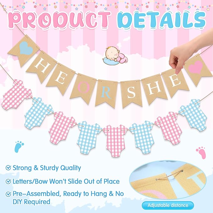 2 Pcs Gender Reveal Decorations Pre-strung He or She Burlap Banner Sign Glitter Baby Suit Bodysuits Banner Girl or Boy Garland for Gender Reveal Baby Shower Birthday Party Decorations