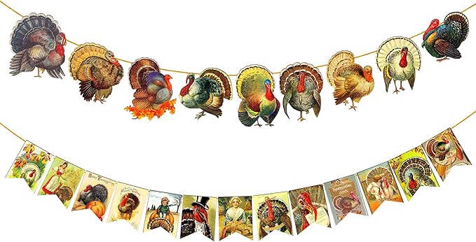 KatchOn, Vintage Thanksgiving Banner - 10 Feet, 2 Strings | Turkey Banner for Turkey Decoration | Vintage Thanksgiving Decorations Indoor, Harvest Decorations