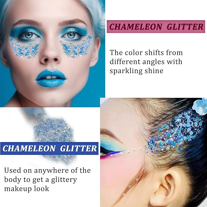 MEICOLY Chameleon Mermaid Blue Body Glitter,Chunky Face Glitter for Halloween,Color Changing Mermaid Glitter Face Paint,Glitter Sequins for Face Body Hair,Festival Party Cheer Glitter Makeup