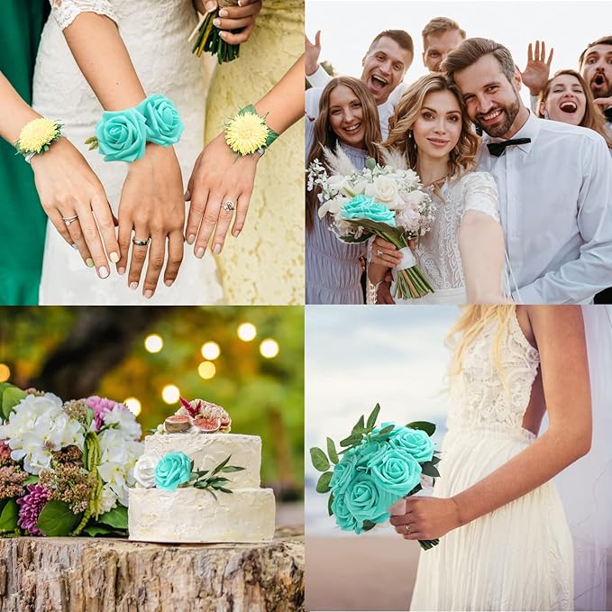 JOYLEX Artificial Flowers Realistic Roses, 50pcs Real Looking Fake Roses with Stem for DIY Wedding Bouquets Centerpieces Bridal Shower Party Home Romantic Decorations (Turquoise)
