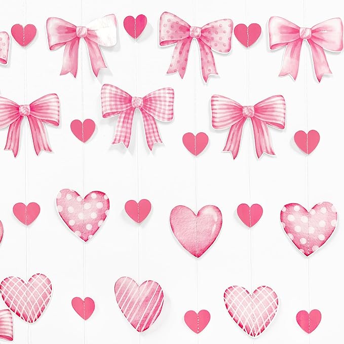 Pink Bow Decorations Pink Heart Plaid Twill Polka Dot Bow Hanging Streamer Garland Banner for Birthday Baby Shower Bridal Shower Wedding Anniversary Bachelorette Coquette Party Decorations Supplies