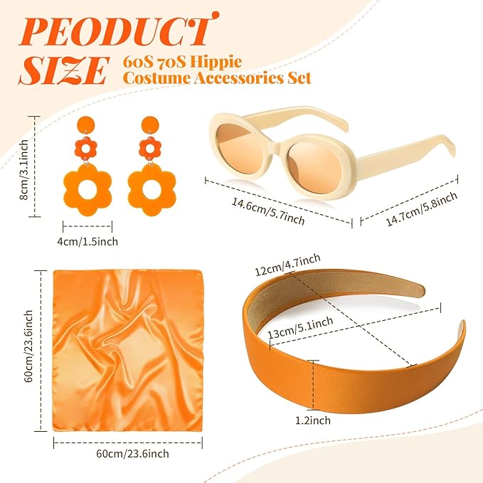 4 Pcs 70s 60s Accessories Women Hippie Disco Groovy Costume Accessories Headband Dangle Earrings Sunglasses Silk Scarf