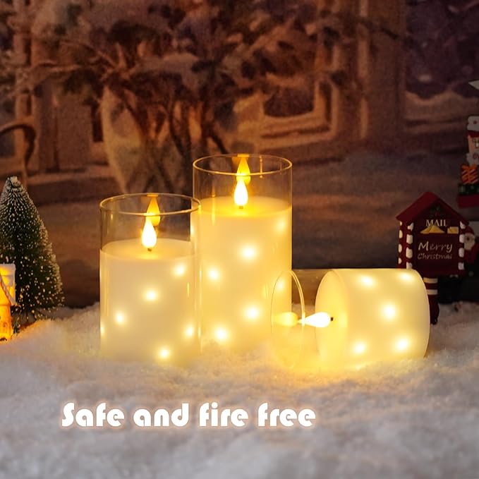 Real Wax Flameless Candles Glass,Battery Operated LED Candles with Flickering Flame,Glass Shell,Interior Star Light Decoration Set of 3 White (D3×H 4" 5" 6") for Home Decor,Holiday Decoration