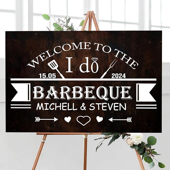 Personalized I Do BBQ Welcome Sign - Couples Shower Decoration, Faux Wood Design