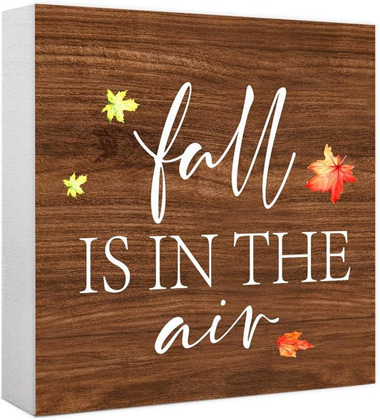 Funny Autumn Wood Box Sign Fall is in the Air Wooden Block Desk Decor for Home Office Kitchen Cubicle Table Shelf Tabletop,Farmhouse Fall Sign Decor