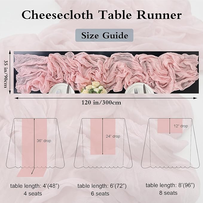 Booque Valley 6 Pack Dusty Pink Cheesecloth Table Runner 10ft Super Soft Boho Wrinkled Gauze Sheer Cloth for Baby Shower Baptism Birthday Party Wedding Centerpiece Table Decoration, 35x120 Inch