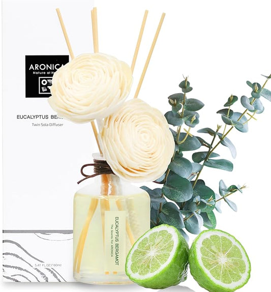 Aronica Twin Sola Diffuser 160ml_Eucalyptus and Bergamot Oil Sticks Set, New Premium Non Toxic Clean Reed Diffusers for Home, Organic Essential Oil Scents, Natural Quality Room Scents