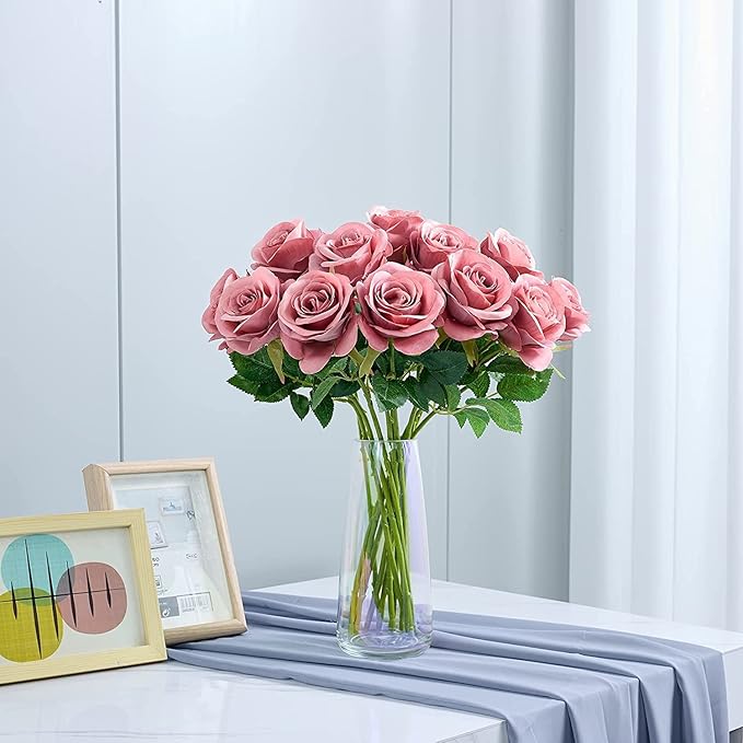 12pcs Roses Artificial Flowers Fake Roses Dusty Rose Pink Silk Roses Silk Flowers Rose with Long Stems for Wedding Home Party Centerpieces Decorations