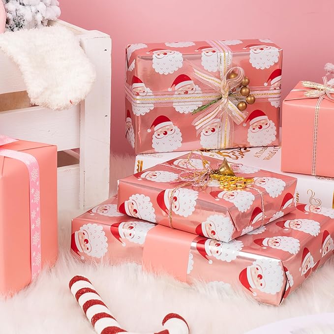 WRAPAHOLIC 30 Inch Jumbo Reversible Christmas Wrapping Paper - 30 Inch x 100 Feet Jumbo Roll Santa Claus Wrapping Paper and Solid Rose Gold Design with Metallic Foil Shine for Chrsitmas, Holiday