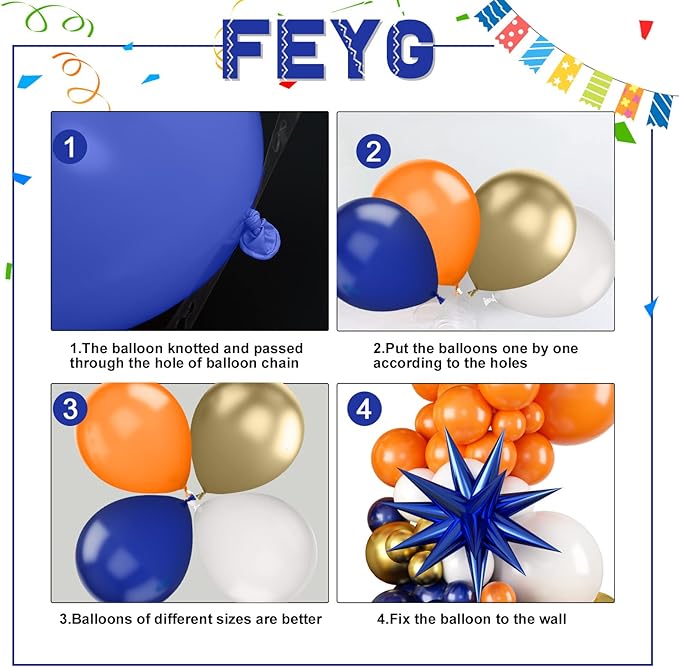 Orange and Blue Balloon Arch Kit, 120 Pcs Navy Royal Dark Blue Gold Orange Balloons Garland Kit with 4D Star Chrome Latex Balloons for Graduation Class of 2025 Thanksgiving Party Decorations