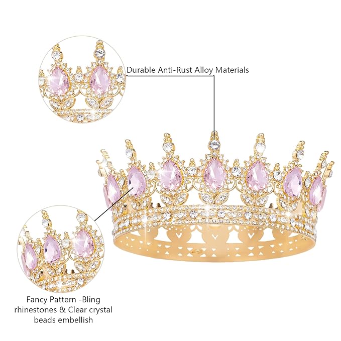 Queen Crown Rhinestone Wedding Crowns and Tiaras for Women Costume Party Hair Accessories Princess Birthday Crown Crystal Bridal Crown (Gold & Pink Crown)
