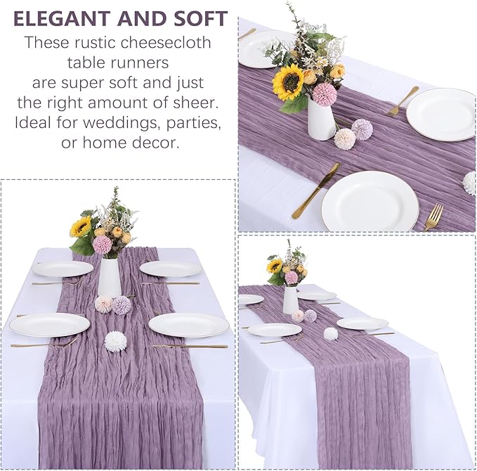 6 Pack Grape Cheesecloth Table Runner 10FT Boho Gauze Fabric Table Runner 35 x 120 Inch Rustic Sheer Runner for Centerpiece Wedding Decor Baby Shower Party Boho Table Decoration(Grape)