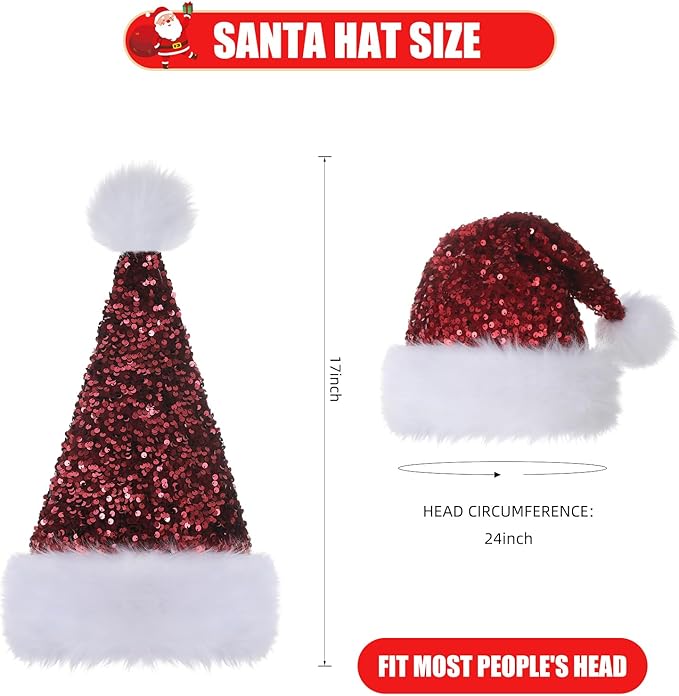 Personalized Sequin Santa Hat for Adults, Red Glitter Christmas Party Hat, Xmas Halloween New Year Holiday Headwear