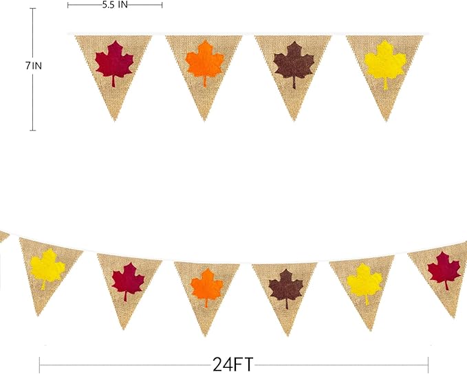 24Ft Fall Burlap Banner Fall Maple Leaves Burlap Pennant Triangle Flag Garland Streamers Vintage Fireplace Wall Hanging for Fall Party Decorations Happy Fall Day Rustic Autumn Birthday Decorations