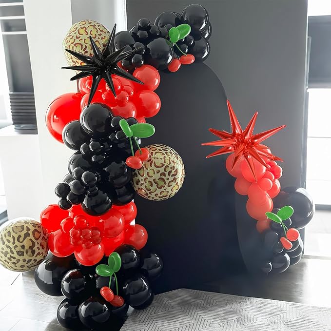 Red Black Balloons Garland Arch Kit, 133pcs Green Cherry Black Red Explosion Star Foil Balloons, 4D Cheetah Print Mylar Balloons for Berry Themed Birthday Baby Shower Bachelorette Party Decorations