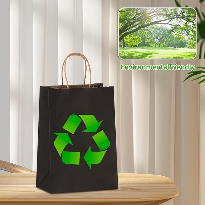 Joybe 50 Pack 6x3.25x8 Inch Small Black Paper Bags with Handles Bulk, Kraft Paper Gift Bags for Birthday Party Favors Grocery Retail Shopping Business Goody Merchandise Craft Blank Sacks (50pcs)