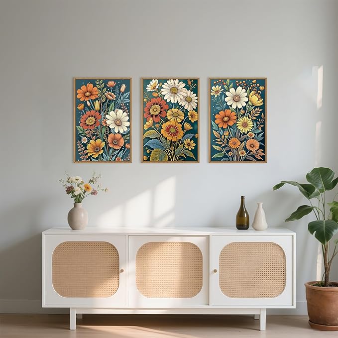HOURIA Retro Boho Flower Framed Canvas Wall Art Set,Colorful Wilderness Floral with Green Leaves Wall Decor,Nature Botanical Wall Painting,Vintage Bouquet Art Prints for Living Room, Bedroom-24"x36"x3