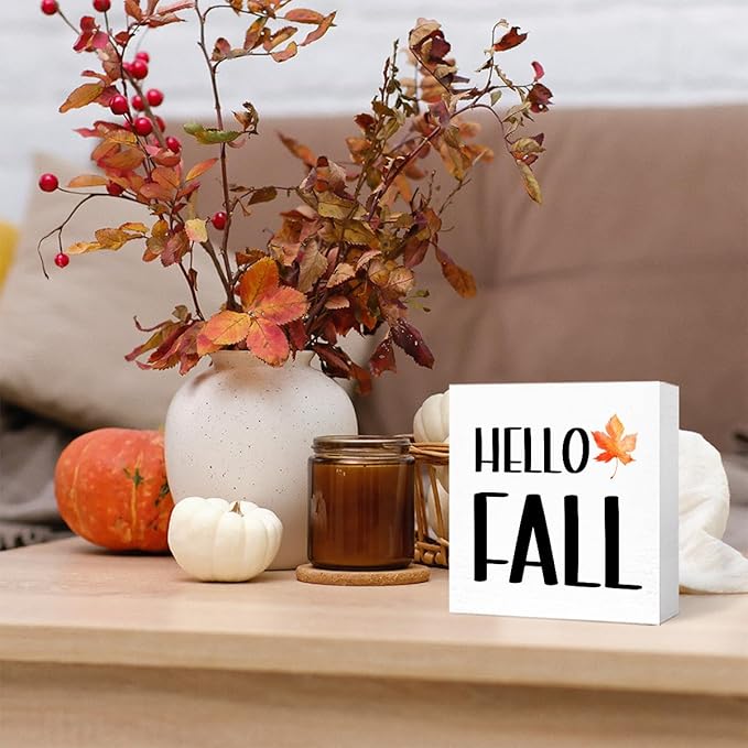 Funny Autumn Wood Box Sign Hello Fall Wooden Block Desk Decor for Home Office Kitchen Cubicle Table Shelf Tabletop,Farmhouse Fall Sign Decor